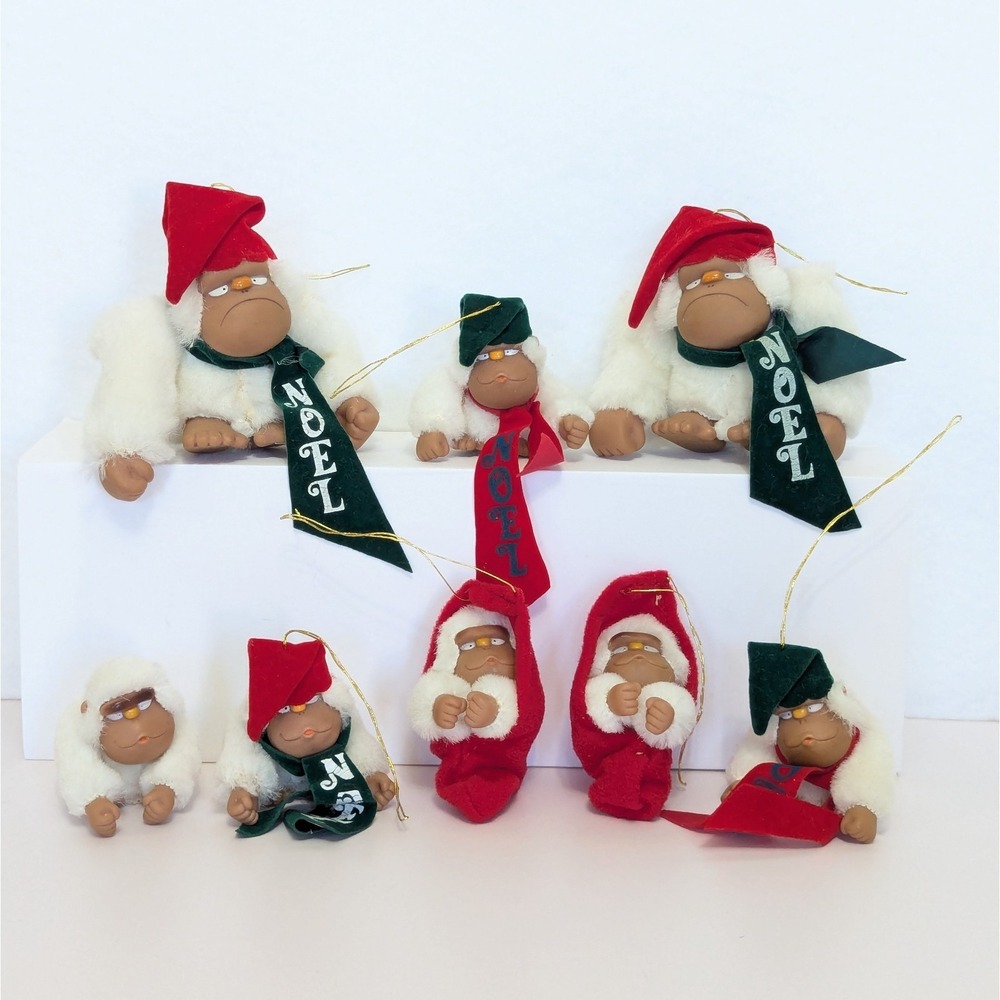 Vintage 70s White Rodney Gorilla Christmas Ornament Lot Of 8 Applause Korea